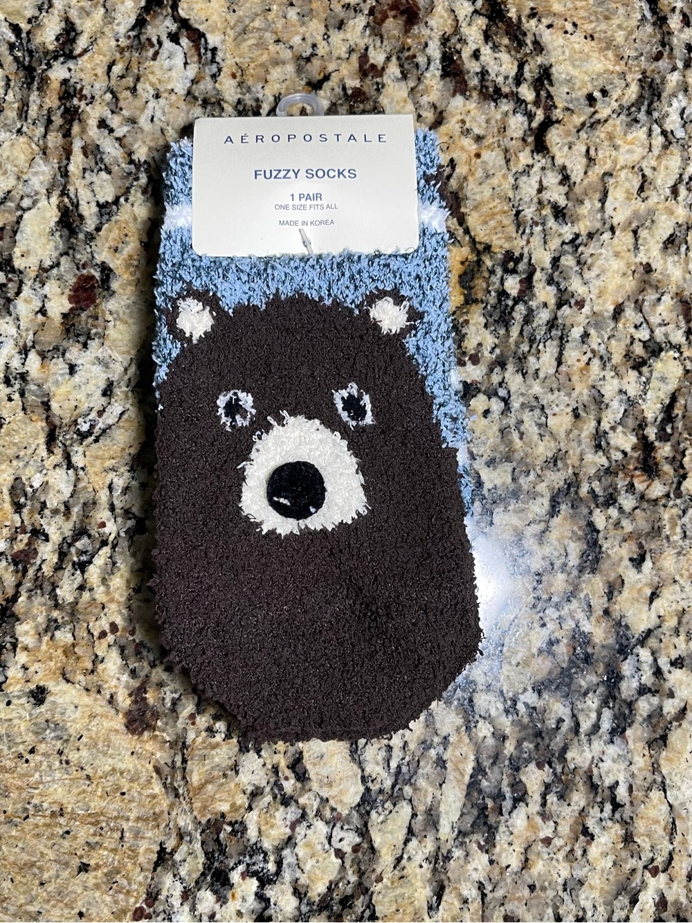 Aeropostale Kids Fuzzy Bear Socks - Blue Cuff, Brown Bear
